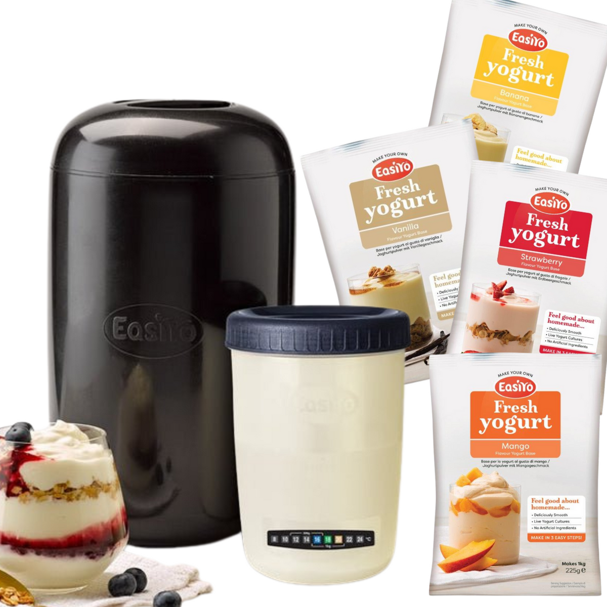 EasiYo Yoghurt Maker Starter Pack Includes 4 Yoghurt Sachets Vanilla, Strawberry, Mango and Banana