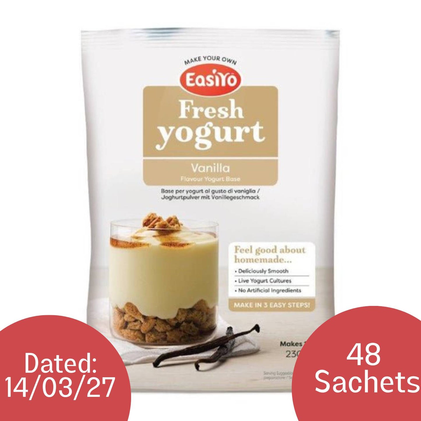 48 x Vanilla EasiYo Yogurt Sachet Pack Makes 1KG | Dated 14/03/2027
