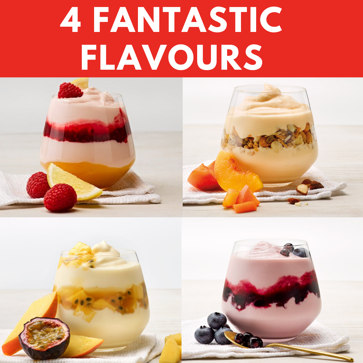 EasiYo Yoghurt Maker Starter Pack Includes 4 Greek Style Yoghurt Sachets Mango & Passionfruit, Peach & Apricot, Blueberry & Blackcurrant, Raspberry & Lemon