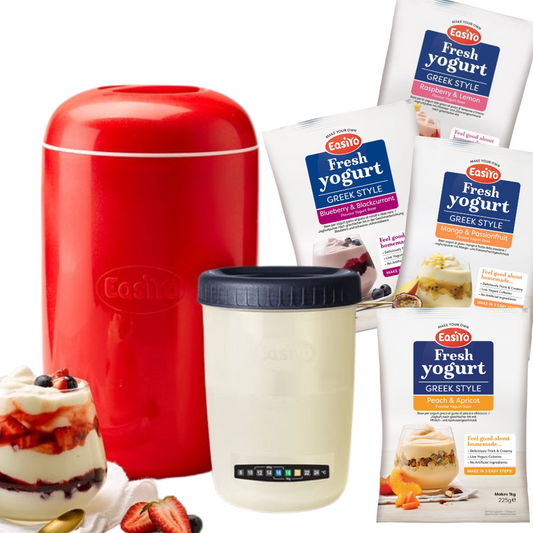 EasiYo Yoghurt Maker Starter Pack Includes 4 Greek Style Yoghurt Sachets Mango & Passionfruit, Peach & Apricot, Blueberry & Blackcurrant, Raspberry & Lemon