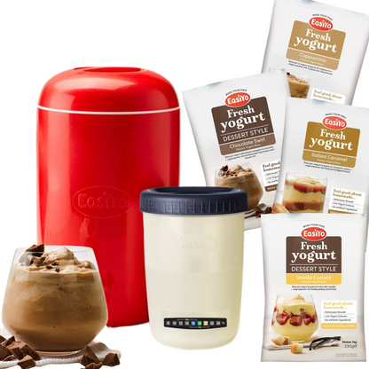 EasiYo Yoghurt Maker Starter Pack Includes 4 Yoghurt Sachets Salted Caramel, Vanilla Custard, Chocolate Swirl, Cappuccino