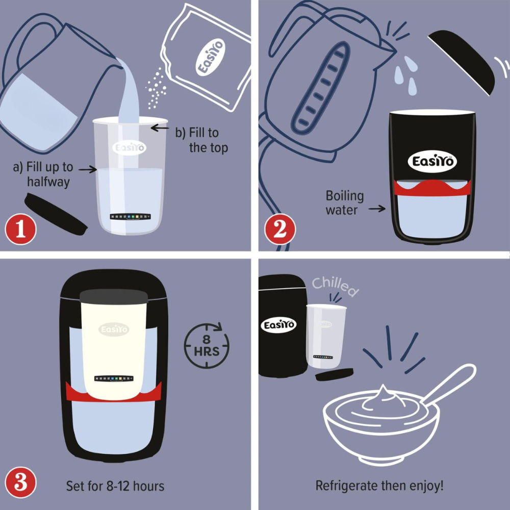 EasiYo Yoghurt Maker Starter Pack Includes 4 Yoghurt Sachets Vanilla, Strawberry, Mango and Banana