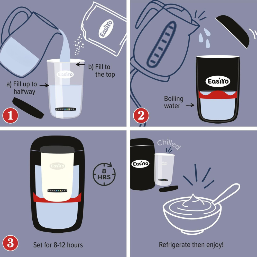 EasiYo Yoghurt Maker Starter Pack Includes 4 Yoghurt Sachets Salted Caramel, Vanilla Custard, Chocolate Swirl, Cappuccino