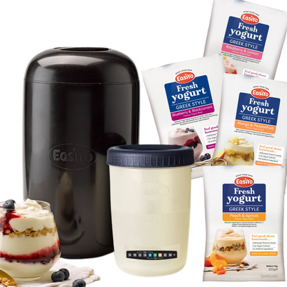 EasiYo Yoghurt Maker Starter Pack Includes 4 Greek Style Yoghurt Sachets Mango & Passionfruit, Peach & Apricot, Blueberry & Blackcurrant, Raspberry & Lemon