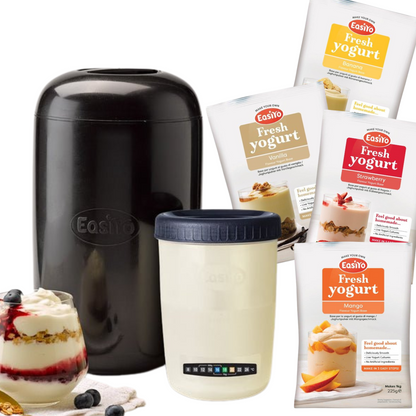 EasiYo Yoghurt Maker Starter Pack Includes 4 Yoghurt Sachets Vanilla, Strawberry, Mango and Banana