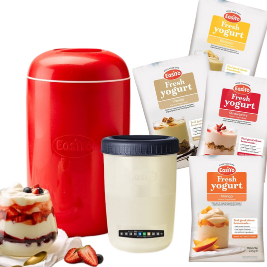 EasiYo Yoghurt Maker Starter Pack Includes 4 Yoghurt Sachets Vanilla, Strawberry, Mango and Banana
