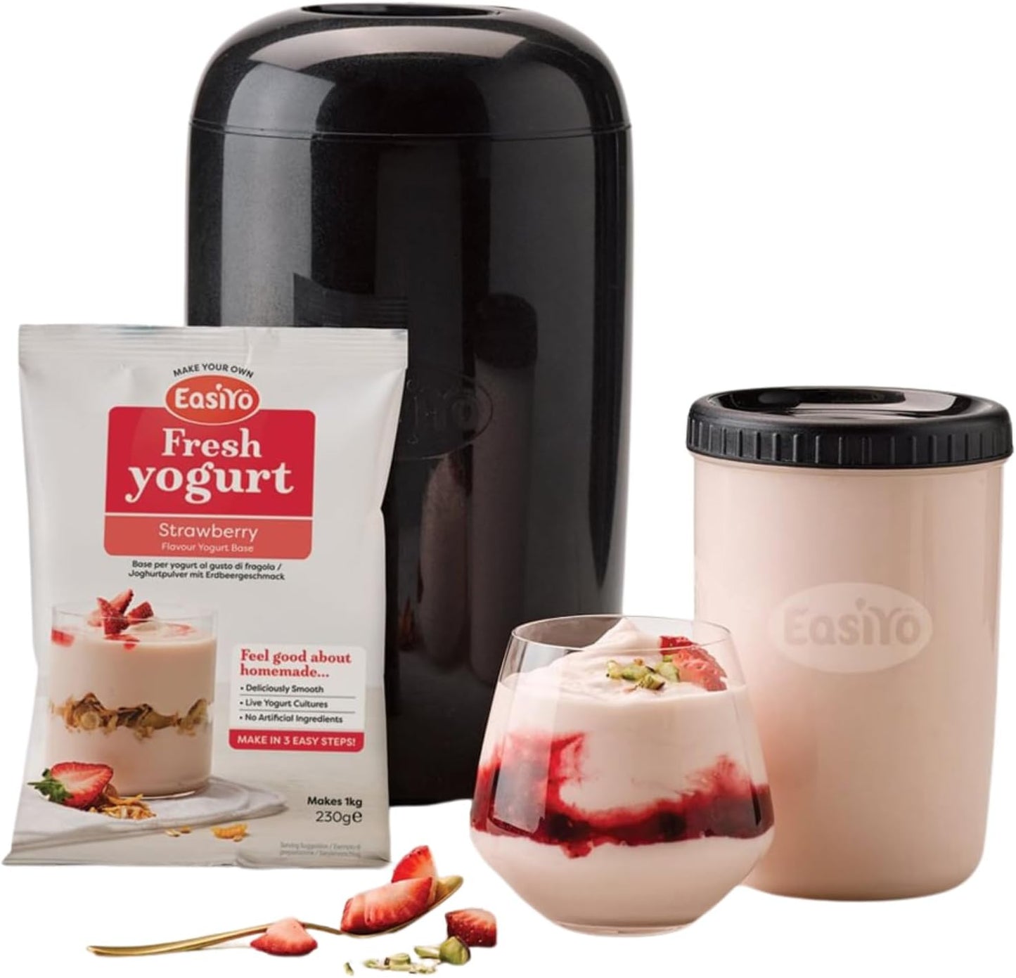 EasiYo yogurt maker with strawberry yogurt package, container, and dessert.