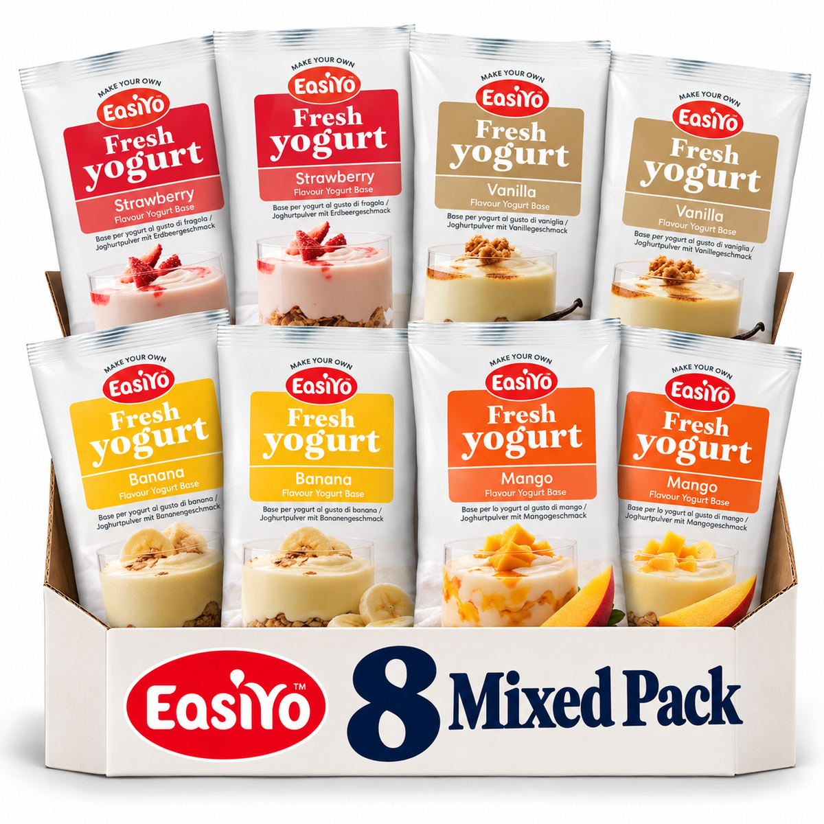 EasiYo Mixed 8 Pack – 2 Strawberry, 2 Vanilla, 2 Banana and 2 Mango