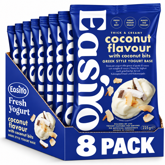 EasiYo Greek Style Coconut with Coconut Bits Yogurt 8 Pack – New Packaging – Makes 8kg