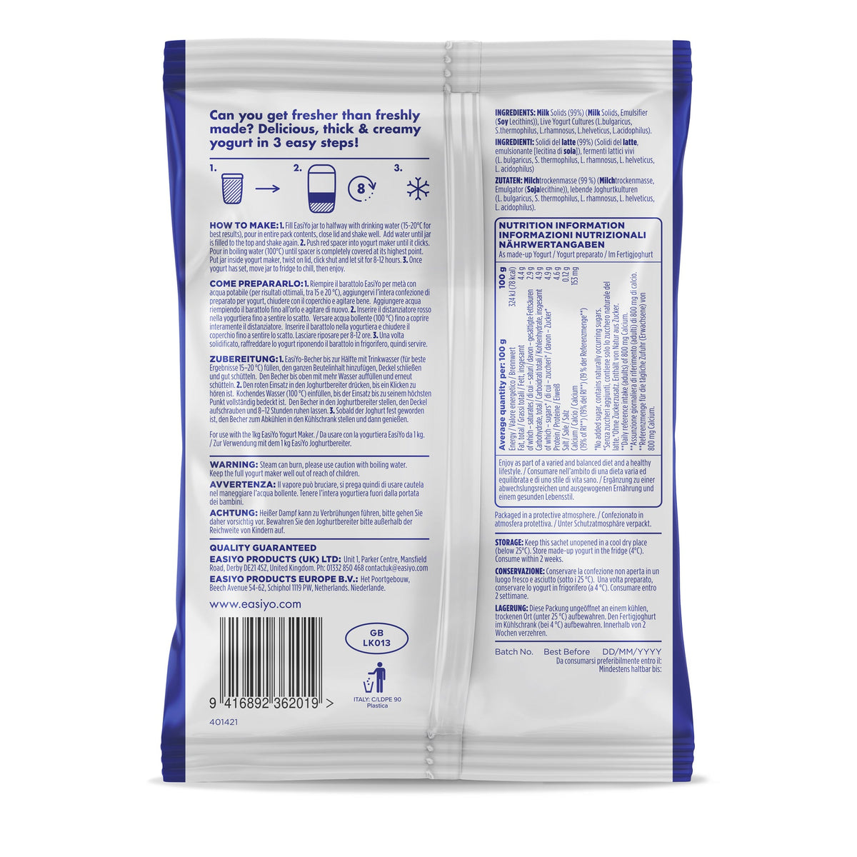 EasiYo Greek Style Natural sachet – back of pack