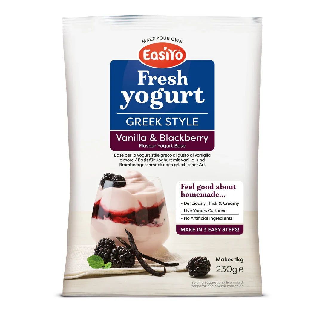 8 pack of EasiYo Greek Style Vanilla & Blackberry yoghurt sachets – makes 8kg