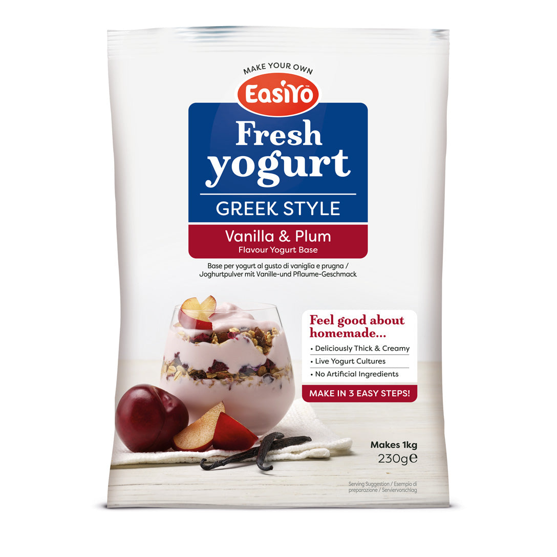 8 pack of EasiYo Greek Style Vanilla & Plum yoghurt sachets – makes 8kg