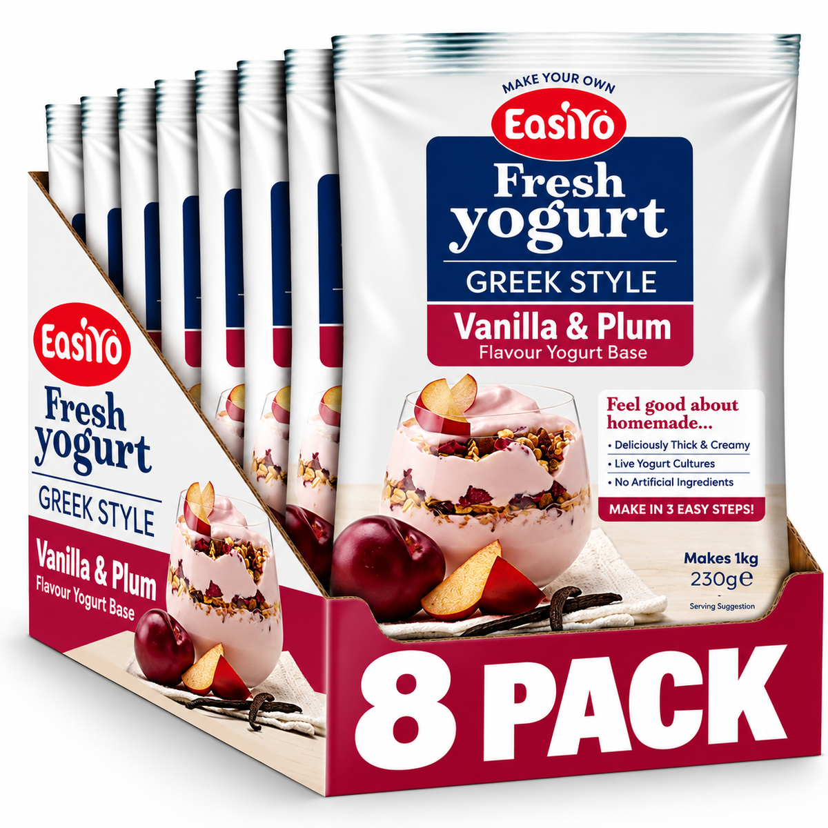 EasiYo Greek Style Vanilla and Plum Yogurt 8 Pack – Makes 8kg
